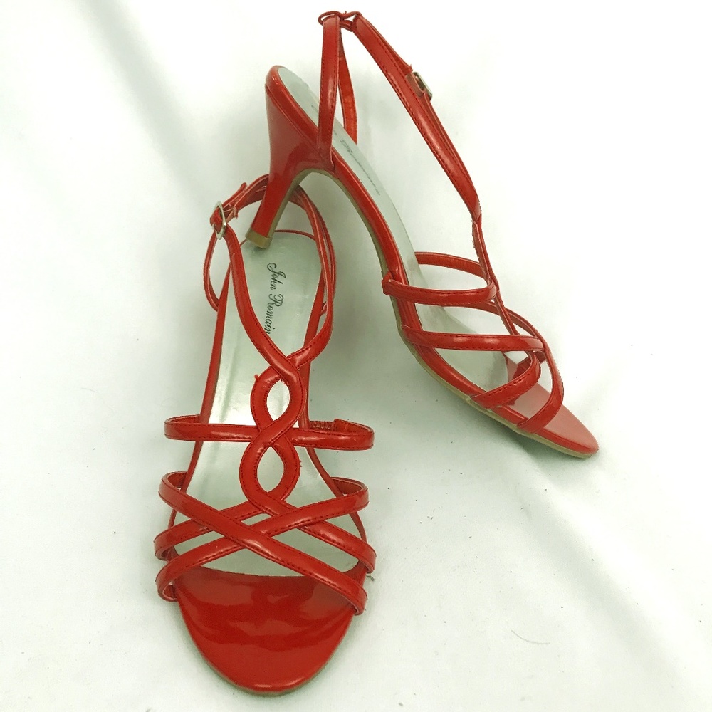 John Romaine Heel Sz 9M Red Patent Strappy Tipton